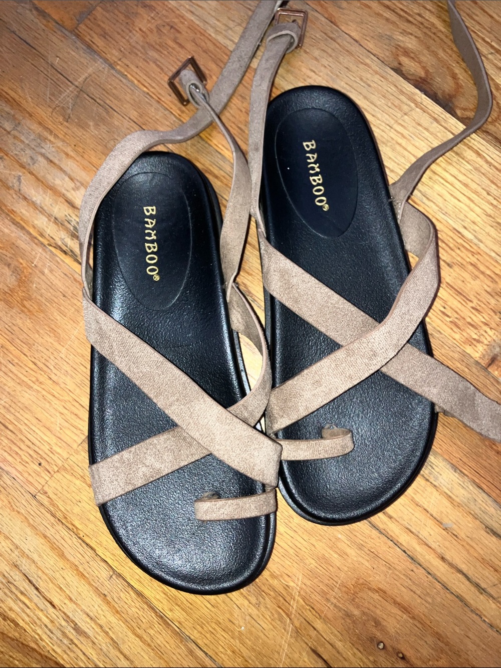 BAMBOO Taupe Wrap-Around Flat Sandals with Black Footbed